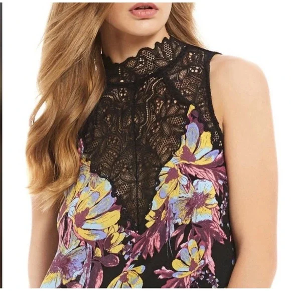 Free People Marsha Print Slip Dress Black High Neck Mini Lace And Keyhole Back L - Picture 15 of 16